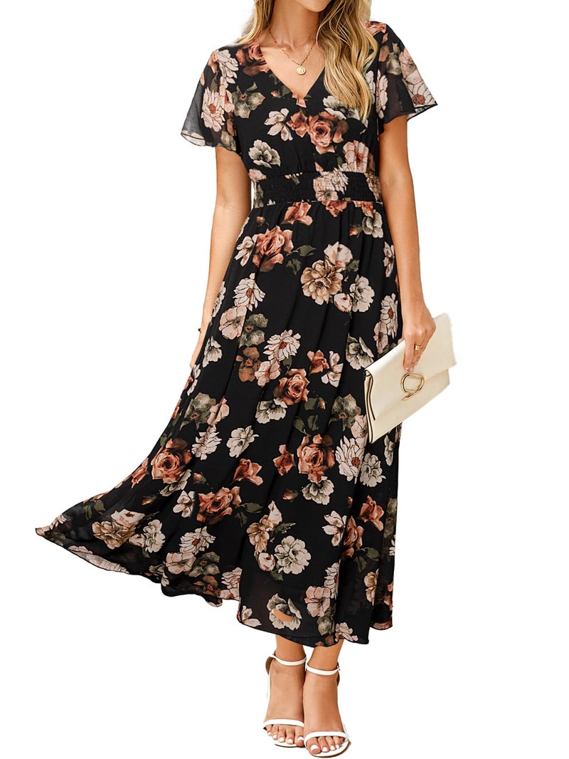 Simplee Apparel Simplee Womens Floral Maxi Dress - Short Sleeve Summer Boho Wedding Guest Dress Empire Waist Chiffon Modest Midi Dresses Black,L - Image 1