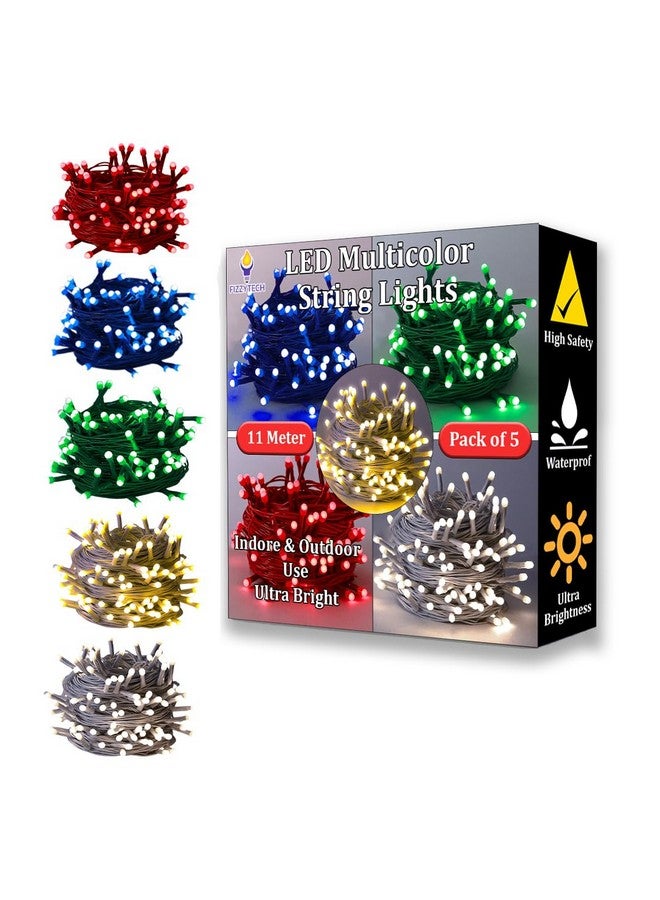 fizzytech فزيتيك 40 ضوء LED للأرز للزينة شريط وضوء سلسلة لعيد الديوالي وأضواء عيد الميلاد لتزيين المنزل، غرفة النوم، حفلات الزفاف، حفلات عيد الميلاد في الفناء - 11 متر (متعدد الألوان، عبوة من 5) - Image 1
