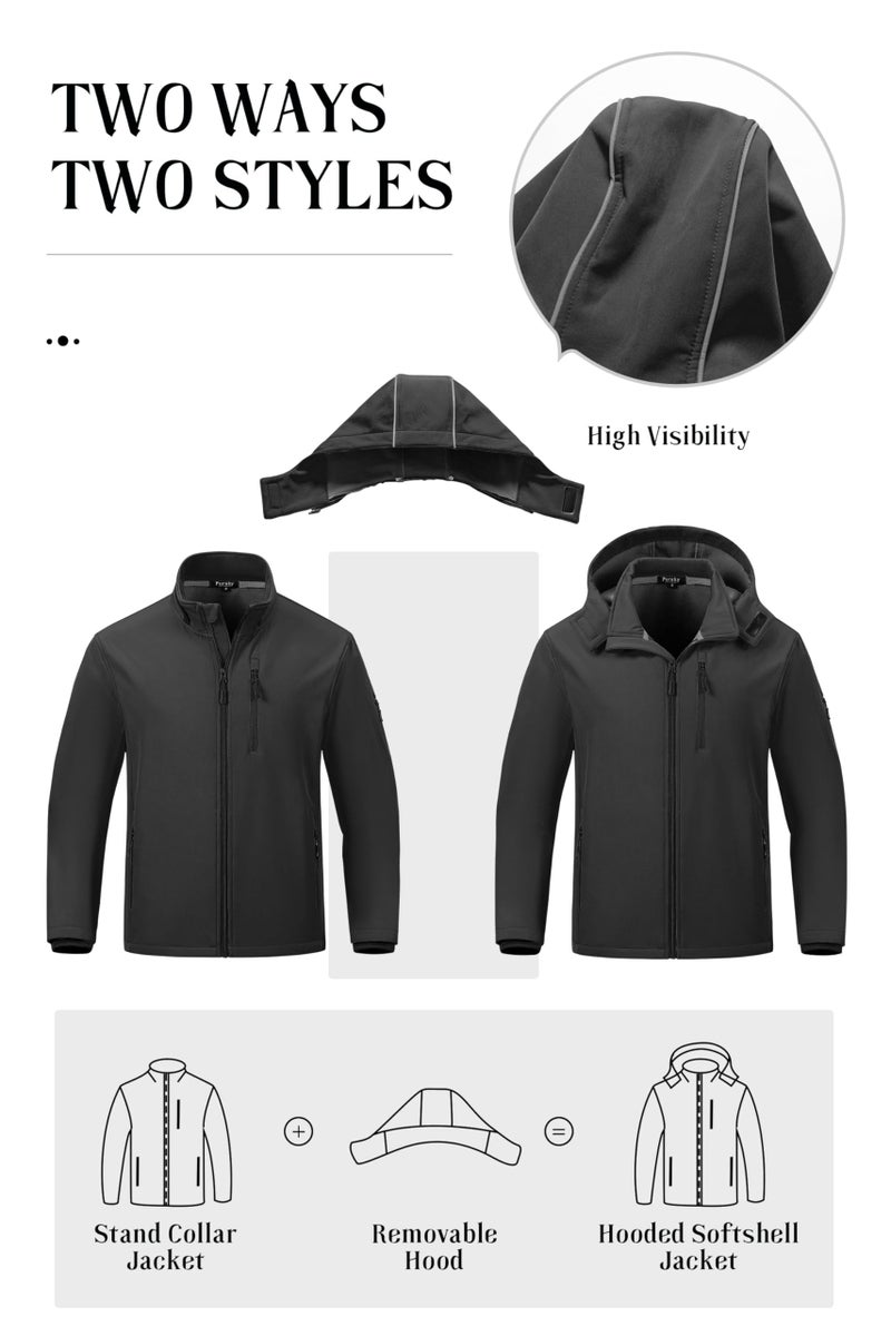 Pursky Fleece Lined Jacket Breathable Motorcycle Running Light Weight Jackets Men's Athletic Soft Shell Waterproof Hiking Windbreaker Hooded Dark Grey L - Image 3