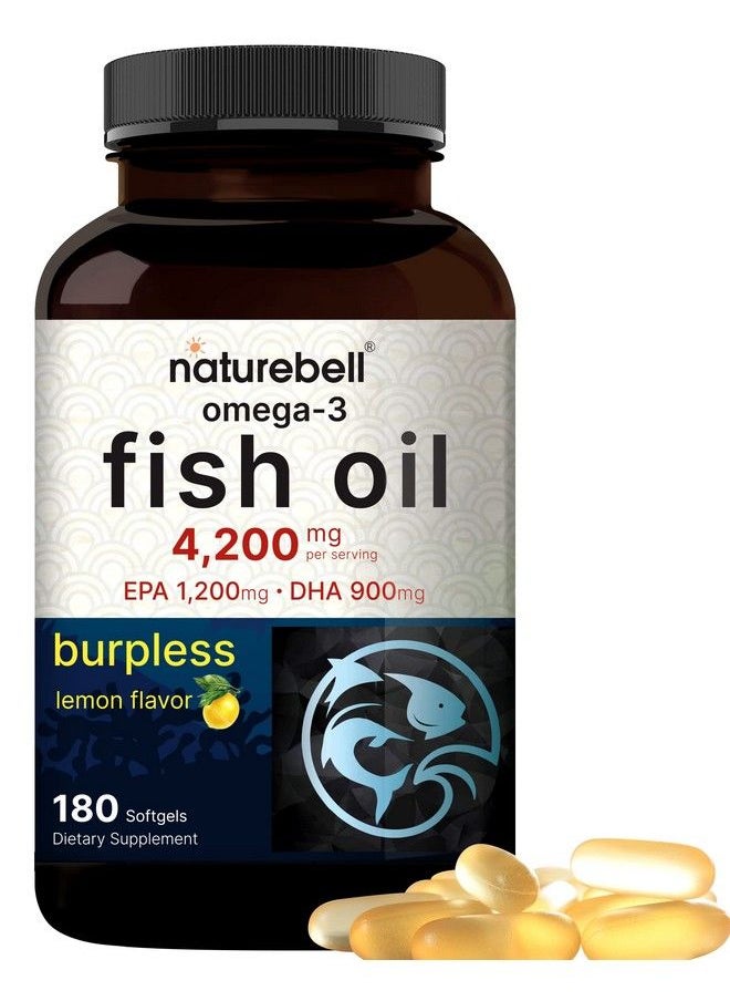NatureBell - Omega 3 Fish Oil 4200Mg 180 Burpless Softgels Highly Purified Epa 1200Mg  Dha 900Mg  Lemon Flavored  Premium Wild Caught Fish From Deep Sea Heart  Brain Support Mercury Free  Nongmo - Image 1