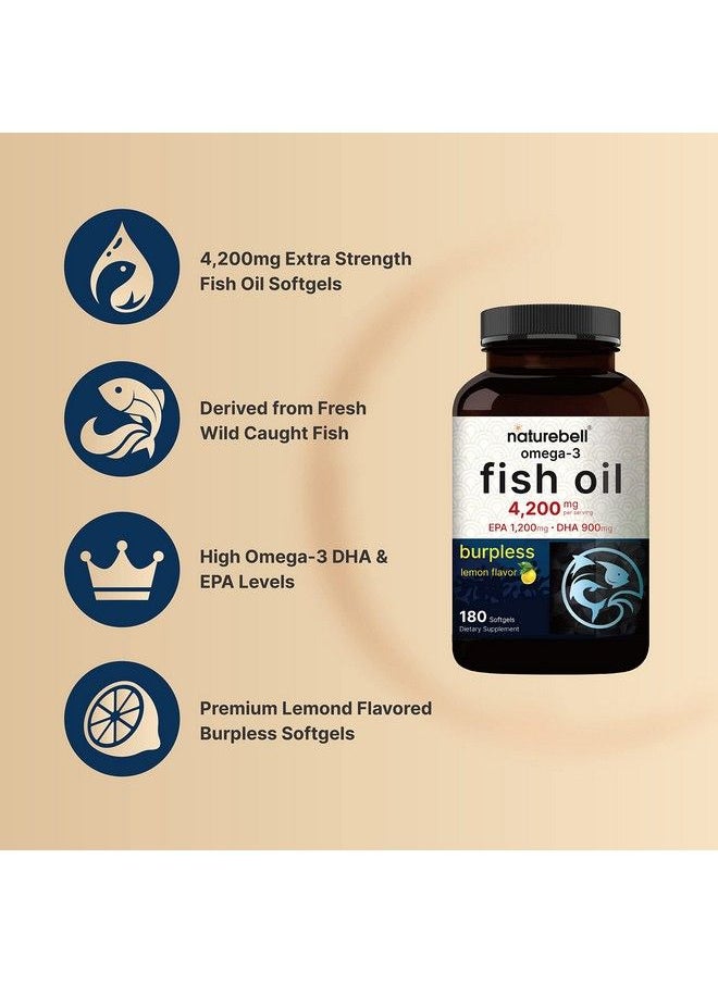 NatureBell - Omega 3 Fish Oil 4200Mg 180 Burpless Softgels Highly Purified Epa 1200Mg  Dha 900Mg  Lemon Flavored  Premium Wild Caught Fish From Deep Sea Heart  Brain Support Mercury Free  Nongmo - Image 1