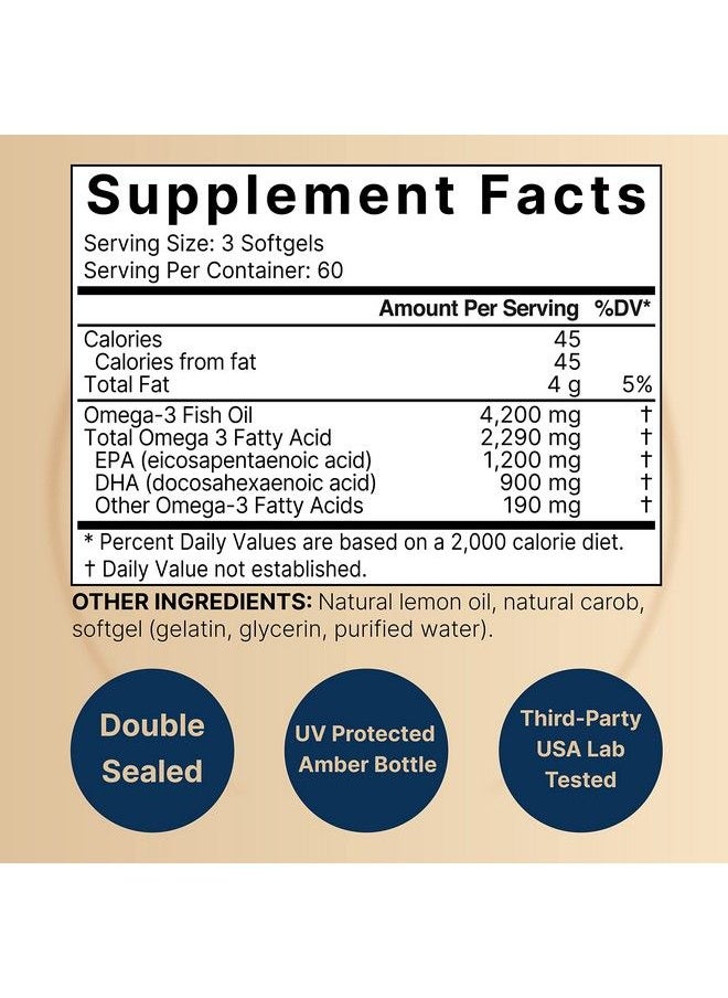 NatureBell - Omega 3 Fish Oil 4200Mg 180 Burpless Softgels Highly Purified Epa 1200Mg  Dha 900Mg  Lemon Flavored  Premium Wild Caught Fish From Deep Sea Heart  Brain Support Mercury Free  Nongmo - Image 1