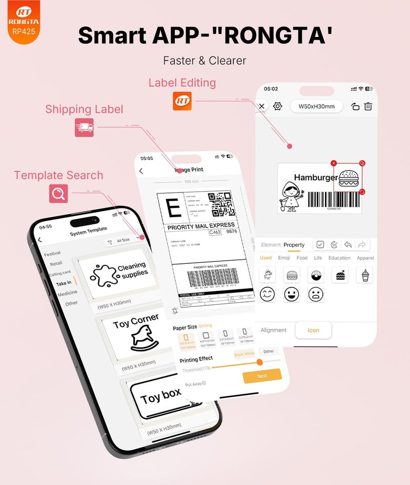 طابعة علامات حرارية Rongta 4x6 Bluetooth، لاسلكية لطباعة ملصقات الشحن، مناسبة للمكاتب الصغيرة والمنازل، متوافقة مع iPhone وAndroid وiPad وmacOS وWindows، باللون الوردي - Image 5