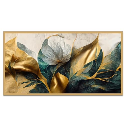 DEKORSTATION Luxurious Golden Flower Canvas Art Elegant Floating Framed Painting for Bedroom, Living Room, Drwaing Room Wall Decoration Size : 12x24 Inches - Image 2