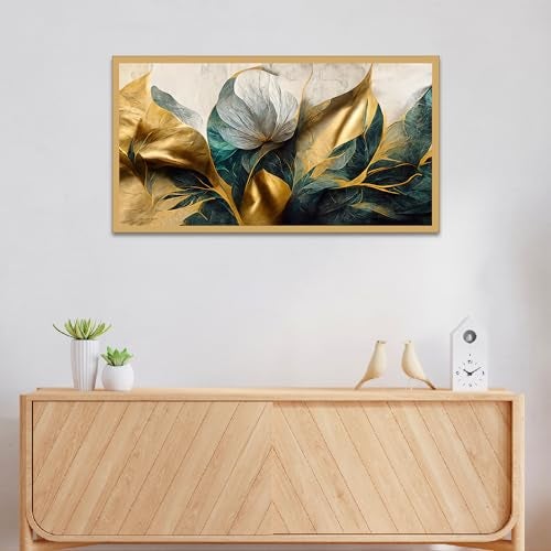 DEKORSTATION Luxurious Golden Flower Canvas Art Elegant Floating Framed Painting for Bedroom, Living Room, Drwaing Room Wall Decoration Size : 12x24 Inches - Image 1