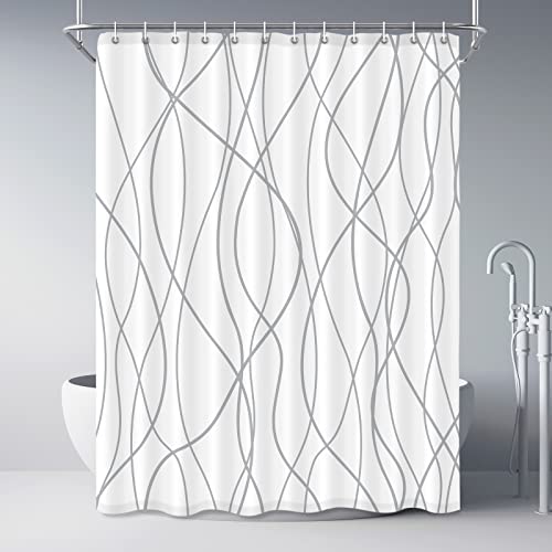Punkray Polyester Shower Curtain Grey and White Striped for Bathroom with Hooks, Extra Long 84 Inches, Weighted Hem, Waterproof Bath Accessories Hotel Style - Machine Washable - Image 1