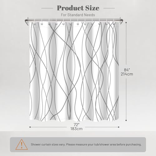 Punkray Polyester Shower Curtain Grey and White Striped for Bathroom with Hooks, Extra Long 84 Inches, Weighted Hem, Waterproof Bath Accessories Hotel Style - Machine Washable - Image 2