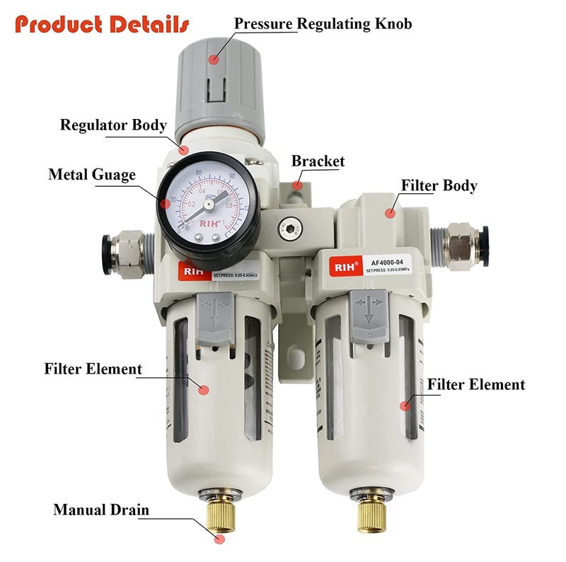 RH Air Dryer System - Double Air Filters-5 Micron Particulate Filter& Air Pressure Regulator - Gauge(0-150 psi), Semi-Auto Drain, Poly Bowl,Bracket - 3 in 1 Two Unit (1/2" NPT) - Image 3