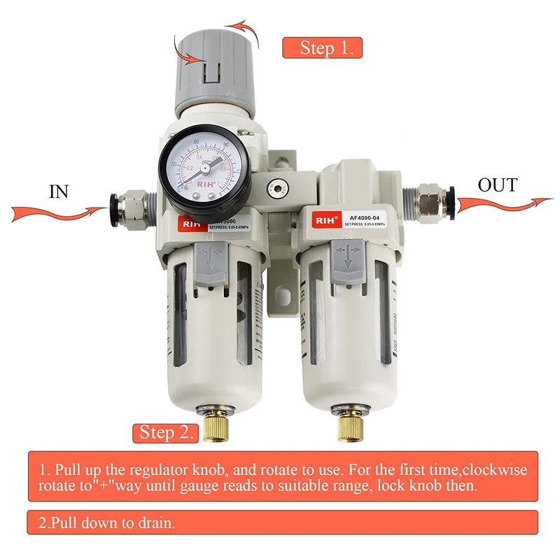 RH Air Dryer System - Double Air Filters-5 Micron Particulate Filter& Air Pressure Regulator - Gauge(0-150 psi), Semi-Auto Drain, Poly Bowl,Bracket - 3 in 1 Two Unit (1/2" NPT) - Image 4