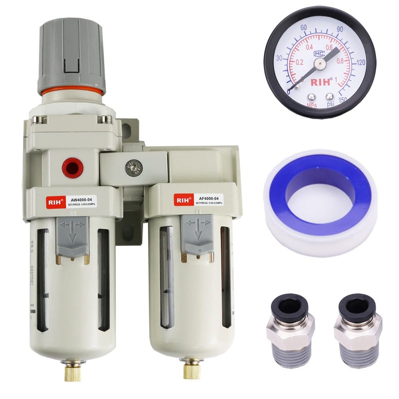 RH Air Dryer System - Double Air Filters-5 Micron Particulate Filter& Air Pressure Regulator - Gauge(0-150 psi), Semi-Auto Drain, Poly Bowl,Bracket - 3 in 1 Two Unit (1/2" NPT) - Image 1