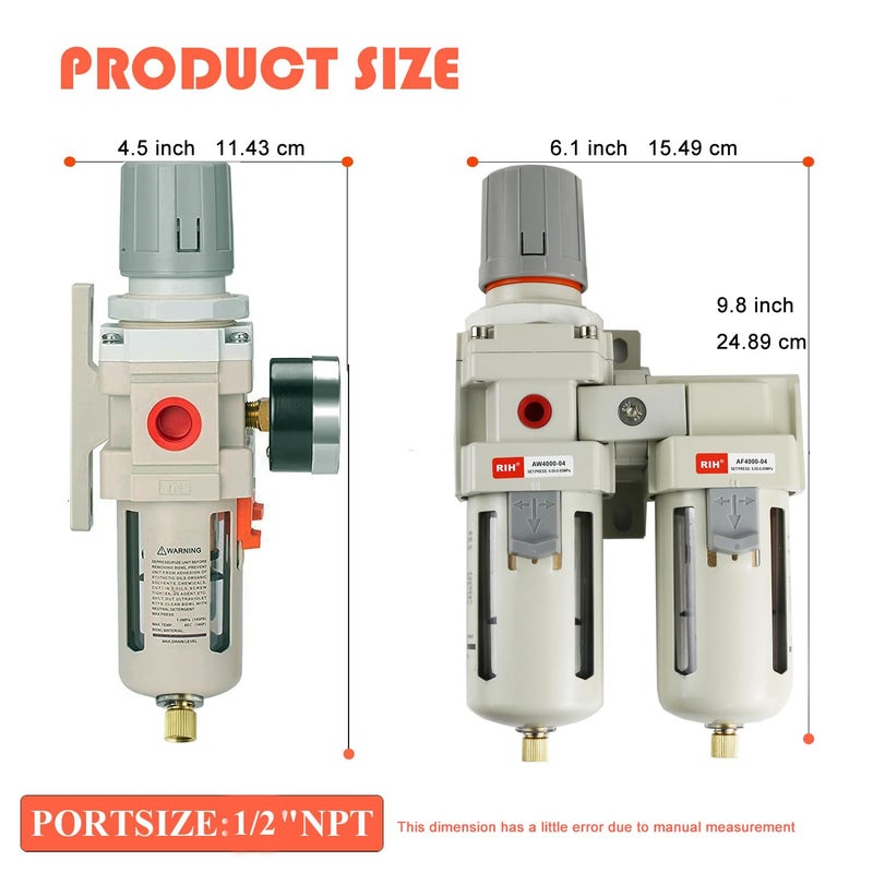 RH Air Dryer System - Double Air Filters-5 Micron Particulate Filter& Air Pressure Regulator - Gauge(0-150 psi), Semi-Auto Drain, Poly Bowl,Bracket - 3 in 1 Two Unit (1/2" NPT) - Image 2