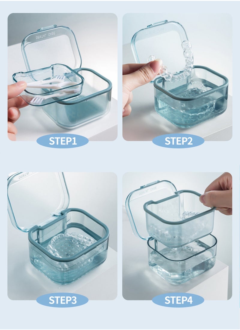 Generic - Denture Bath Box Cup with Strainer Basket Denture Holder Storage Soak Container for Travel Cleaning Exquisite Retainer Cleaner Case Mouth Guard Case (Blue/Clear) - Image 1