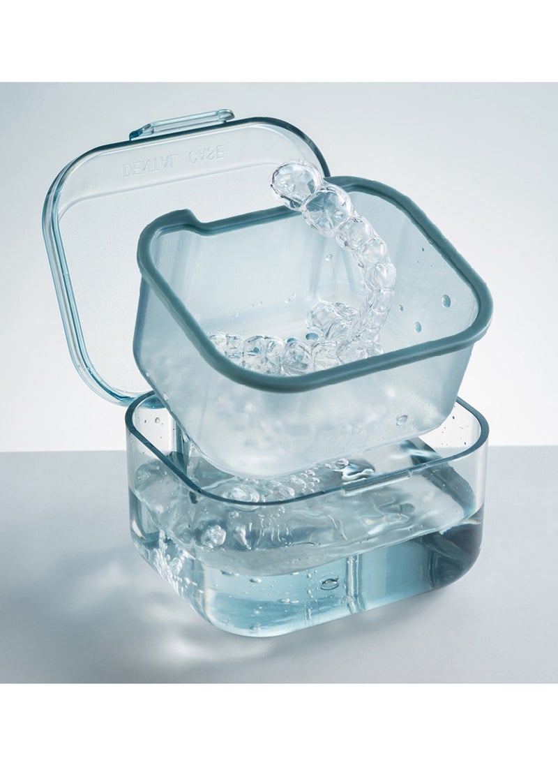 Generic - Denture Bath Box Cup with Strainer Basket Denture Holder Storage Soak Container for Travel Cleaning Exquisite Retainer Cleaner Case Mouth Guard Case (Blue/Clear) - Image 1