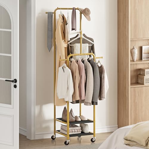 Chrislley Small Clothing Rack With Wheels, 71" Portable Rolling Garment Rack With 2 Shelves and 6 Hooks, 3-Section Different Heights Heavy Duty Metal Clothes Rack For Coats, Shirts, Bags, Shoes, Gold - Image 2
