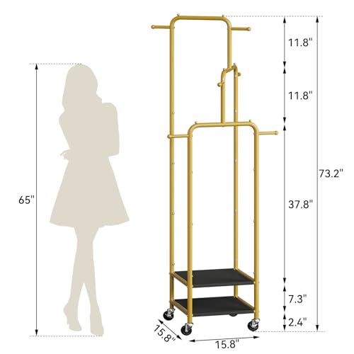 Chrislley Small Clothing Rack With Wheels, 71" Portable Rolling Garment Rack With 2 Shelves and 6 Hooks, 3-Section Different Heights Heavy Duty Metal Clothes Rack For Coats, Shirts, Bags, Shoes, Gold - Image 3