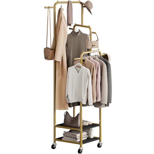 Chrislley Small Clothing Rack With Wheels, 71" Portable Rolling Garment Rack With 2 Shelves and 6 Hooks, 3-Section Different Heights Heavy Duty Metal Clothes Rack For Coats, Shirts, Bags, Shoes, Gold - Image 1