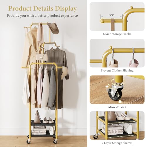 Chrislley Small Clothing Rack With Wheels, 71" Portable Rolling Garment Rack With 2 Shelves and 6 Hooks, 3-Section Different Heights Heavy Duty Metal Clothes Rack For Coats, Shirts, Bags, Shoes, Gold - Image 5
