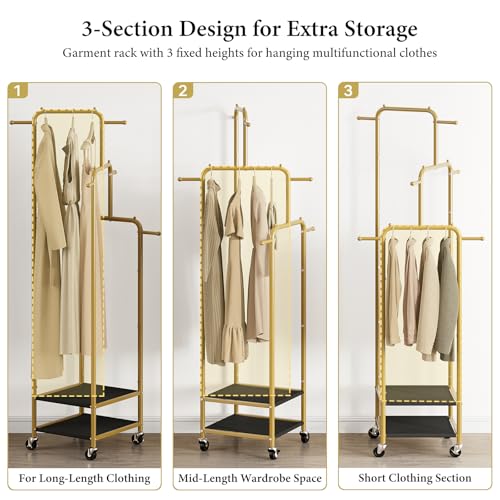 Chrislley Small Clothing Rack With Wheels, 71" Portable Rolling Garment Rack With 2 Shelves and 6 Hooks, 3-Section Different Heights Heavy Duty Metal Clothes Rack For Coats, Shirts, Bags, Shoes, Gold - Image 4