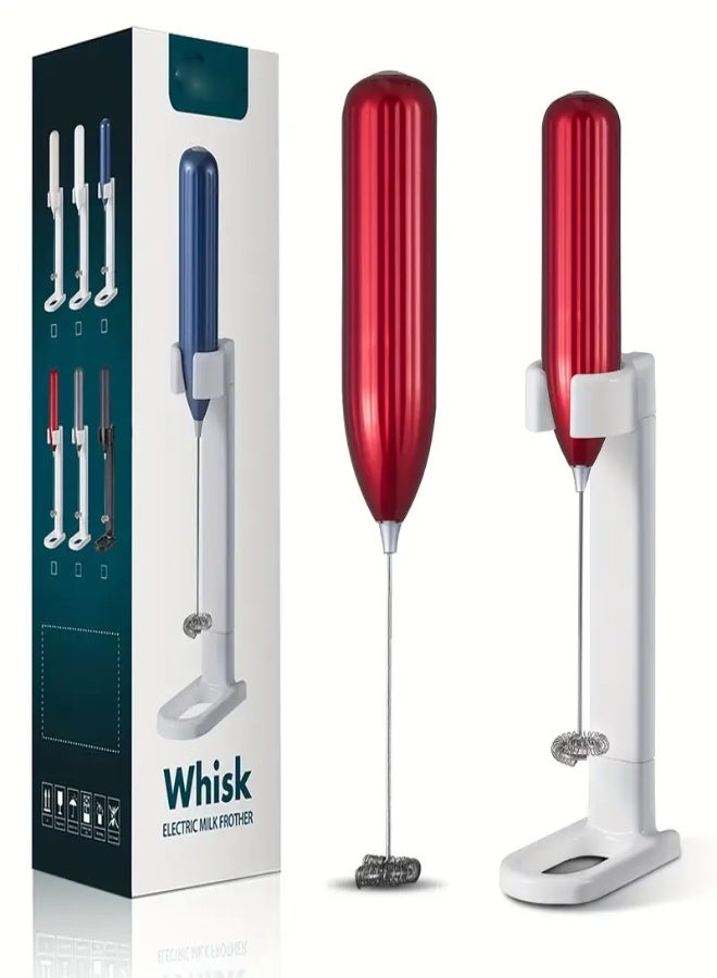 ارواق خلاط حليب كهربائي عالي السرعة مع حامل، يتميز بمحرك 10000 دورة في الدقيقة، و25 خفاقة حلزونية، وتصميم محمول، مثالي للاستخدام المنزلي والتخييم وصنع القهوة واللاتيه والكابتشينو والماتشا - أحمر - Image 1