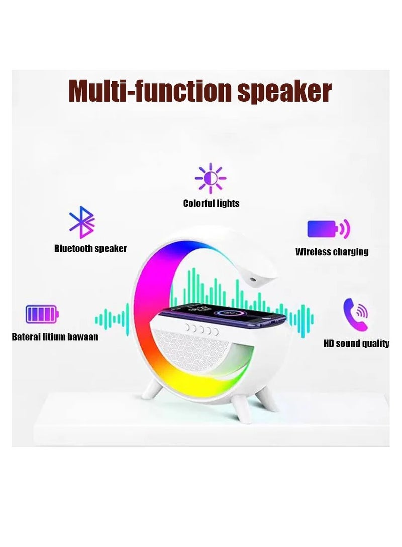 LED Wireless Charging Speaker Lamp with RGB Changing Light, 15W Fast Charging, Microphone, FM Radio & Media, Rotating Alarm Clock, White - Image 1
