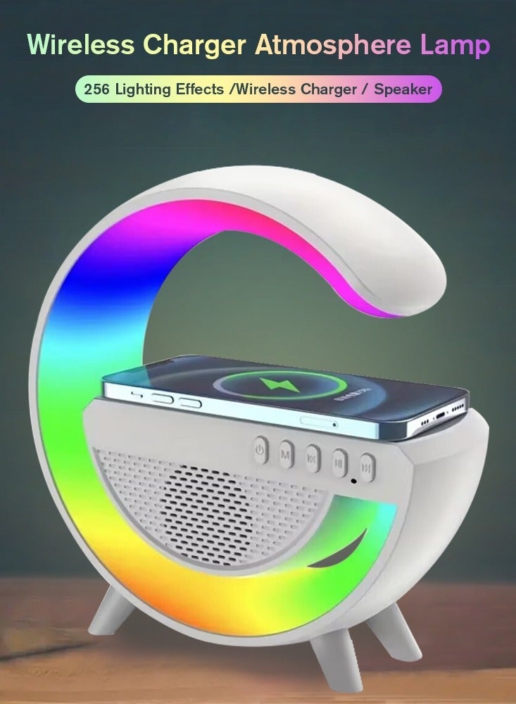 LED Wireless Charging Speaker Lamp with RGB Changing Light, 15W Fast Charging, Microphone, FM Radio & Media, Rotating Alarm Clock, White - Image 2