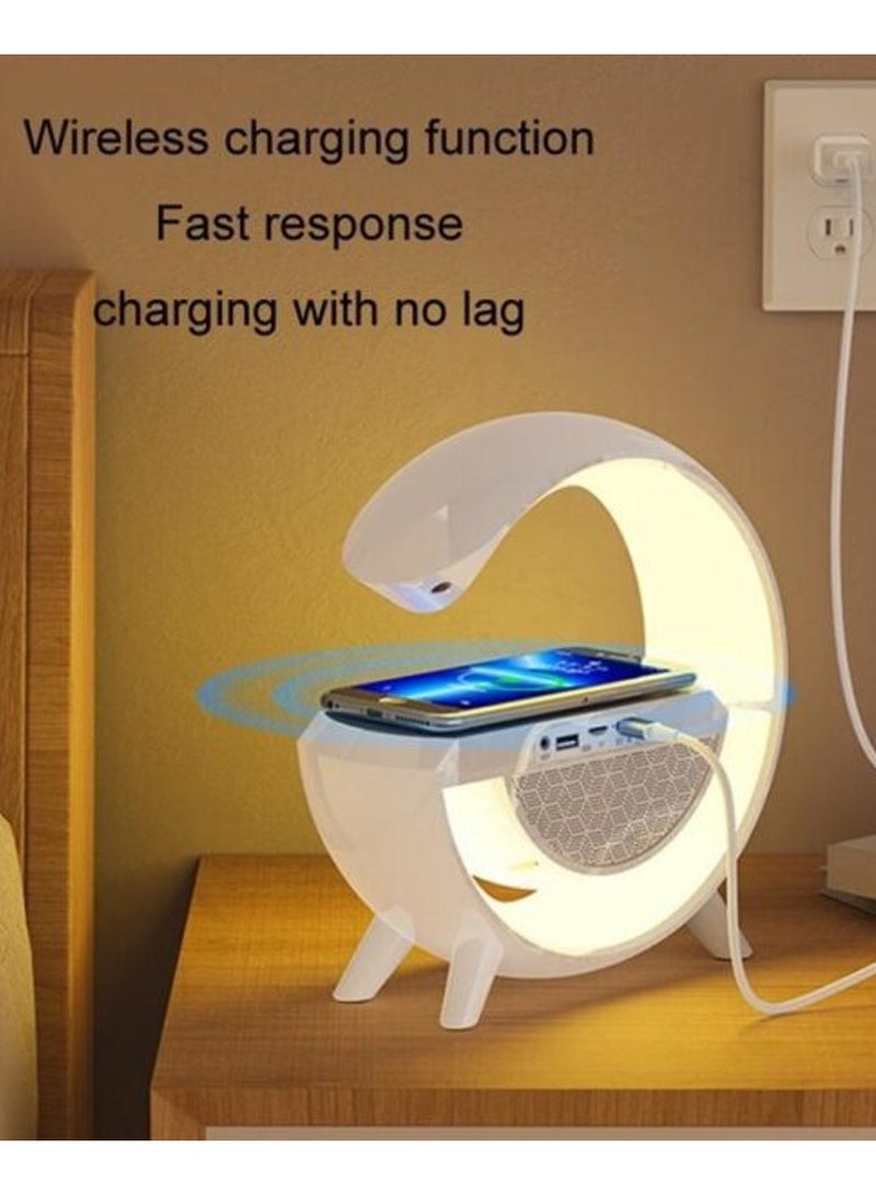LED Wireless Charging Speaker Lamp with RGB Changing Light, 15W Fast Charging, Microphone, FM Radio & Media, Rotating Alarm Clock, White - Image 3