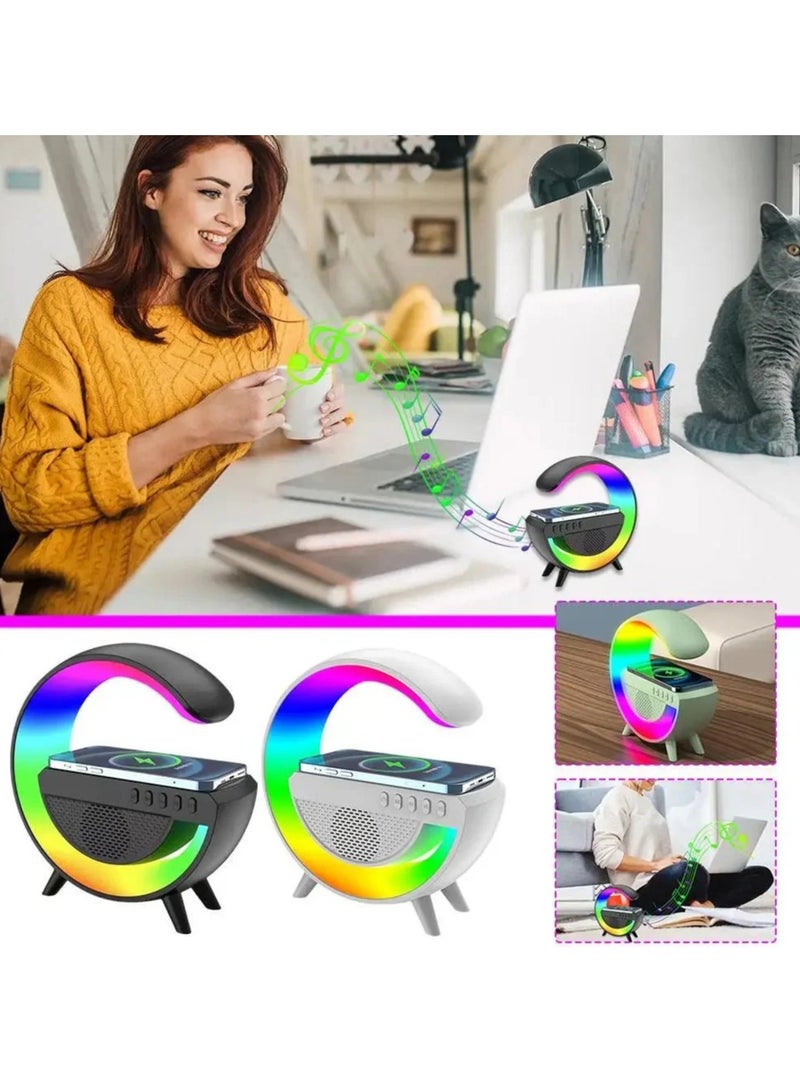 LED Wireless Charging Speaker Lamp with RGB Changing Light, 15W Fast Charging, Microphone, FM Radio & Media, Rotating Alarm Clock, White - Image 4
