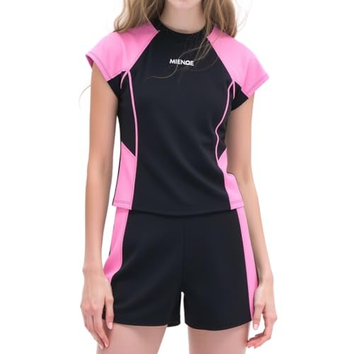 MIENOE Girls' Swimsuit Two Piece Kid Swimsuit Girls Water Sport Shorts UPF 50+ Sun Protection Bathing Suits 6-7Years, Black - Image 1
