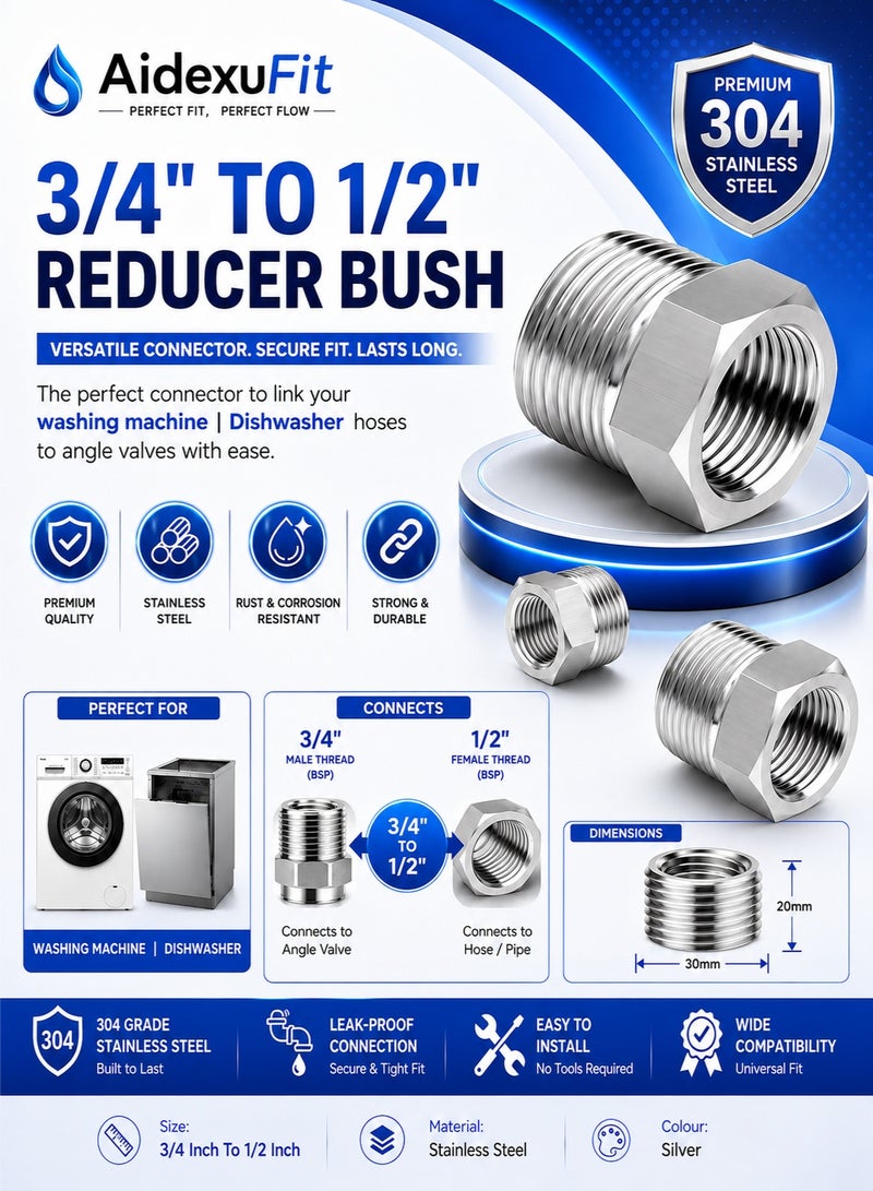 AidexuFit 3/4" x 1/2"Reducer Bush, Connecting Washing Machine | Dishwasher Pipe with Angle Valve,Connections for Water Pipes and Hoses - Image 2