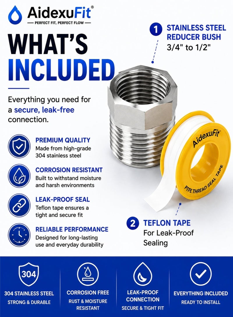 AidexuFit 3/4" x 1/2"Reducer Bush, Connecting Washing Machine | Dishwasher Pipe with Angle Valve,Connections for Water Pipes and Hoses - Image 5