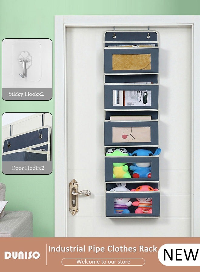 DUNISO Over The Door Pockets, 5 Large Pockets Storage Organiser, Fabric Foldable Hanging Organizer Door Hanger Storage with Clear Window and 2 Metal Hooks Behind Door for Bedroom - Image 1