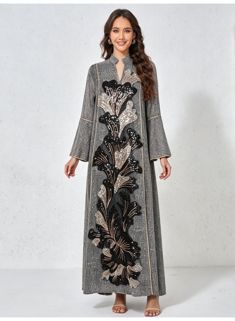 Kaiyuede Dubai Shimmer Grey Black Gold Sequin Embroidered Abaya | Mandarin Collar Flare Sleeve Opaque Lined Modest Dress for Wedding & Eid - Image 1