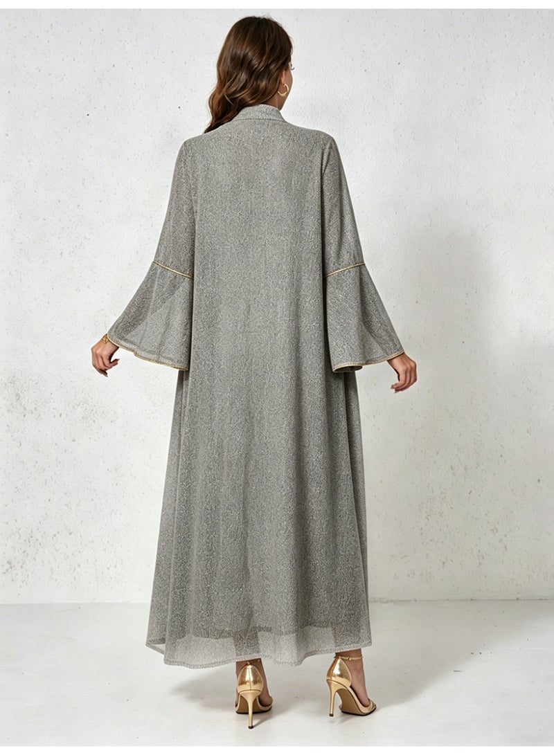 Kaiyuede Dubai Shimmer Grey Black Gold Sequin Embroidered Abaya | Mandarin Collar Flare Sleeve Opaque Lined Modest Dress for Wedding & Eid - Image 2