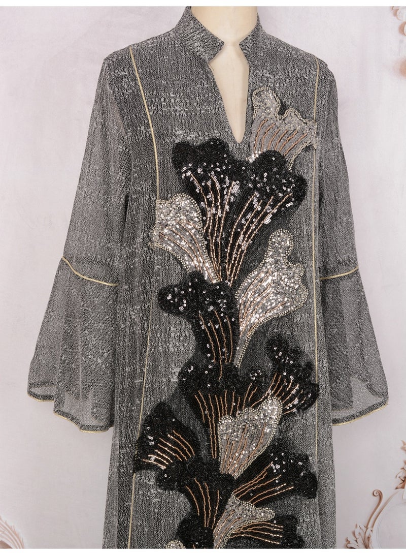 Kaiyuede Dubai Shimmer Grey Black Gold Sequin Embroidered Abaya | Mandarin Collar Flare Sleeve Opaque Lined Modest Dress for Wedding & Eid - Image 3