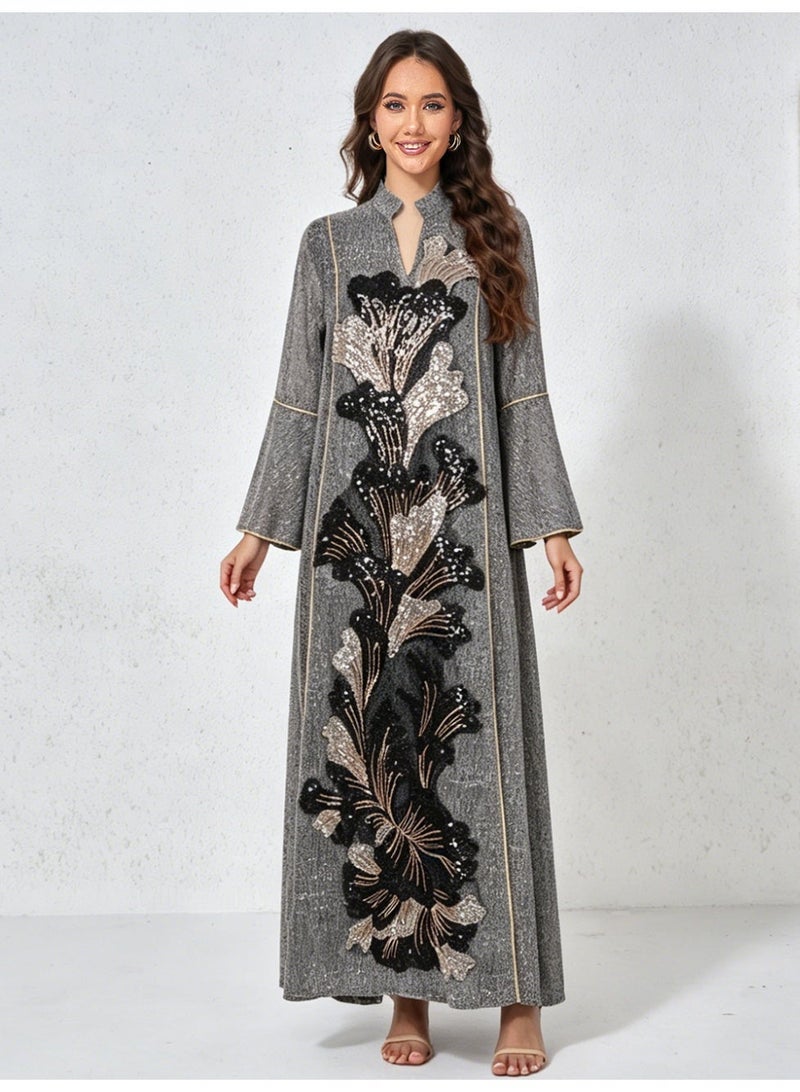 Kaiyuede Dubai Shimmer Grey Black Gold Sequin Embroidered Abaya | Mandarin Collar Flare Sleeve Opaque Lined Modest Dress for Wedding & Eid - Image 1