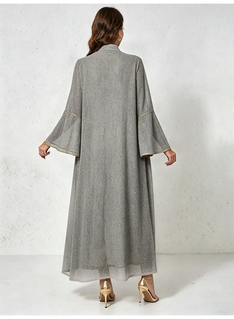Kaiyuede Dubai Shimmer Grey Black Gold Sequin Embroidered Abaya | Mandarin Collar Flare Sleeve Opaque Lined Modest Dress for Wedding & Eid - Image 2