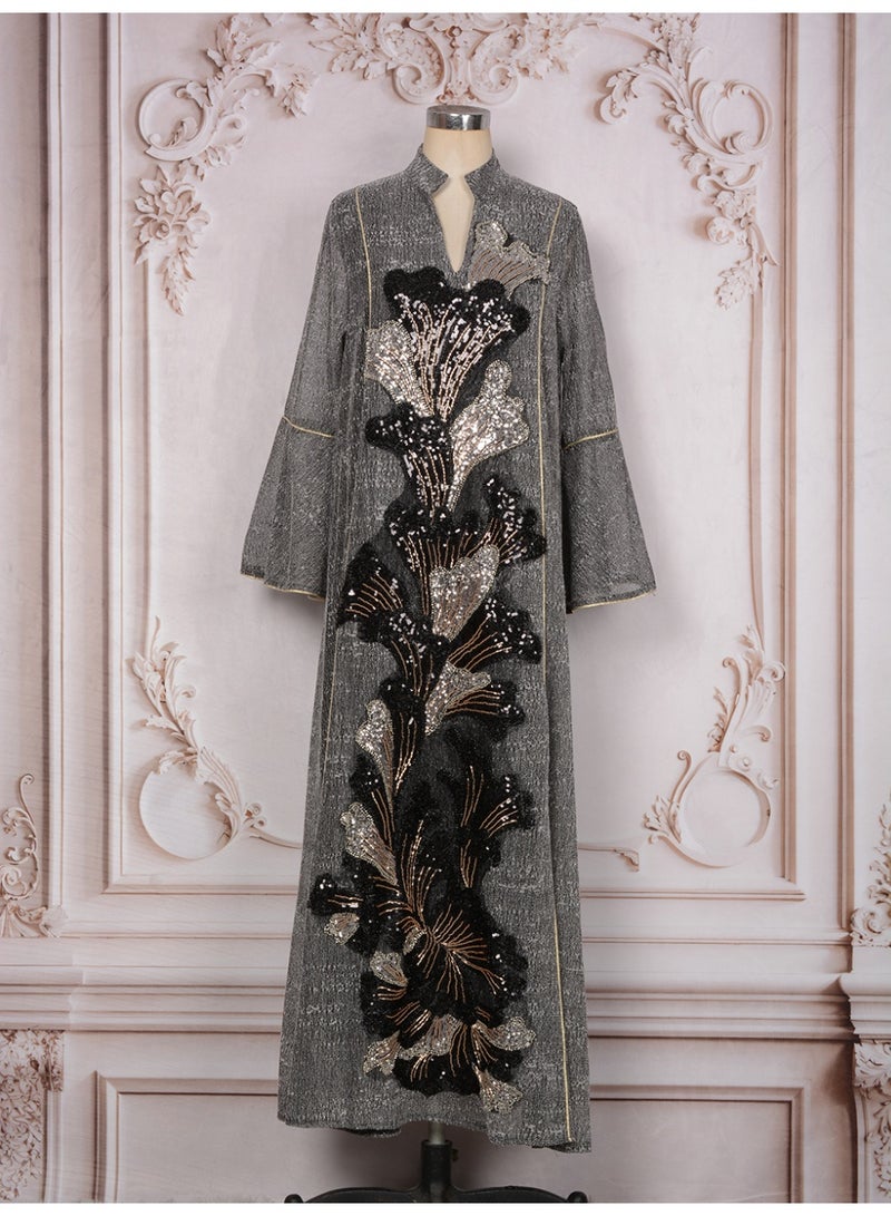 Kaiyuede Dubai Shimmer Grey Black Gold Sequin Embroidered Abaya | Mandarin Collar Flare Sleeve Opaque Lined Modest Dress for Wedding & Eid - Image 4