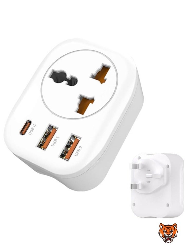 TIGER "Type G Travel Adapter Converter – Universal Socket with 2 USB + Type-C Ports for Business, Holiday, Hotel, and Airport – White"  - Image 1