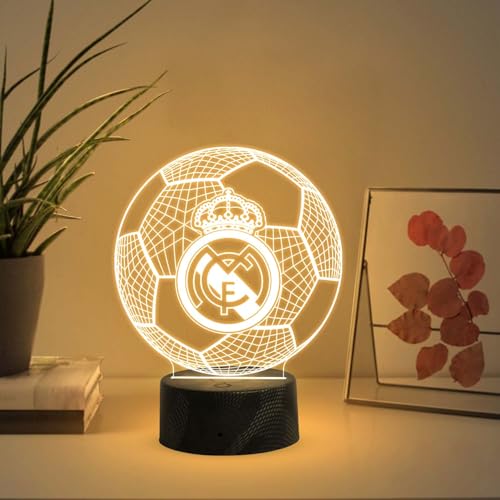GIFTMEBAZAR 3D Illusion Football Desk Table Lamp Real Madrid Night Lamp | Warm White Light & USB Powered | Bedside Table Lamp | Birthday Gift for Football Player - Image 1