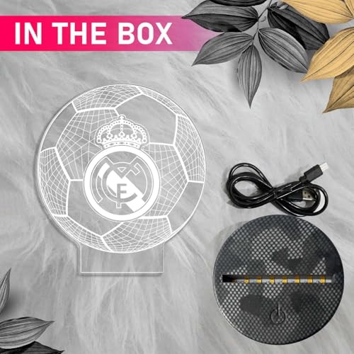 GIFTMEBAZAR 3D Illusion Football Desk Table Lamp Real Madrid Night Lamp | Warm White Light & USB Powered | Bedside Table Lamp | Birthday Gift for Football Player - Image 5
