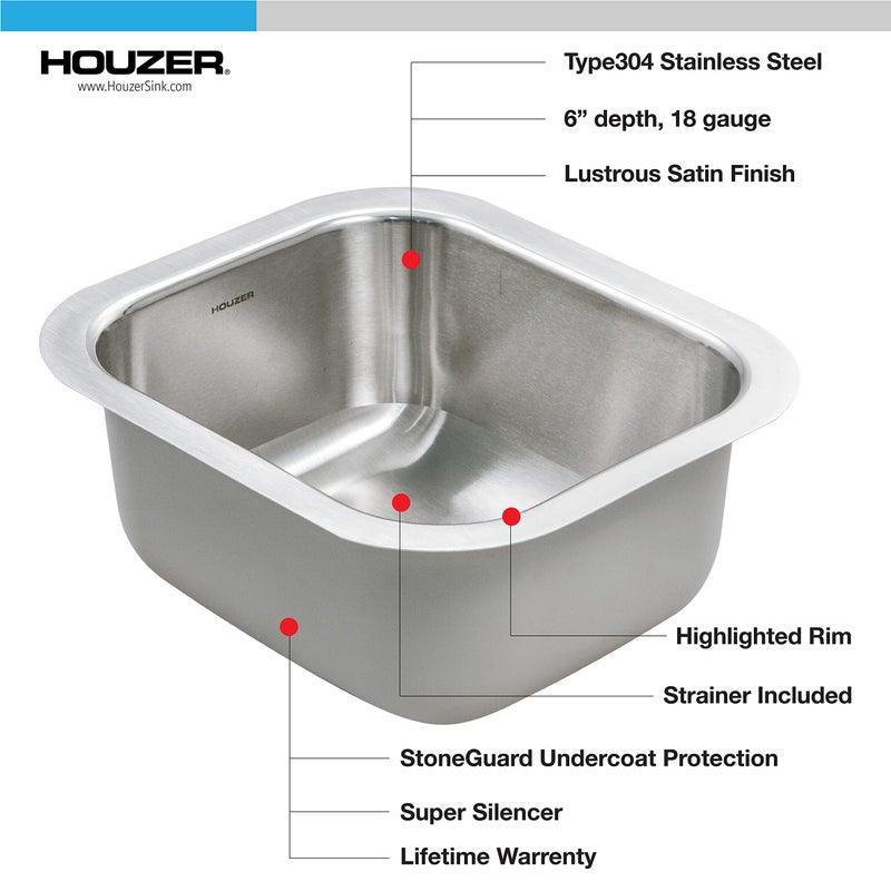 Houzer Club Stainless Steel Kitchen Bar & Prep Sink: 10 Inch Undermount Small Sink with Strainer, Durable & Versatile, Essential for Home & Apartment: CS-1307-1 - Image 5
