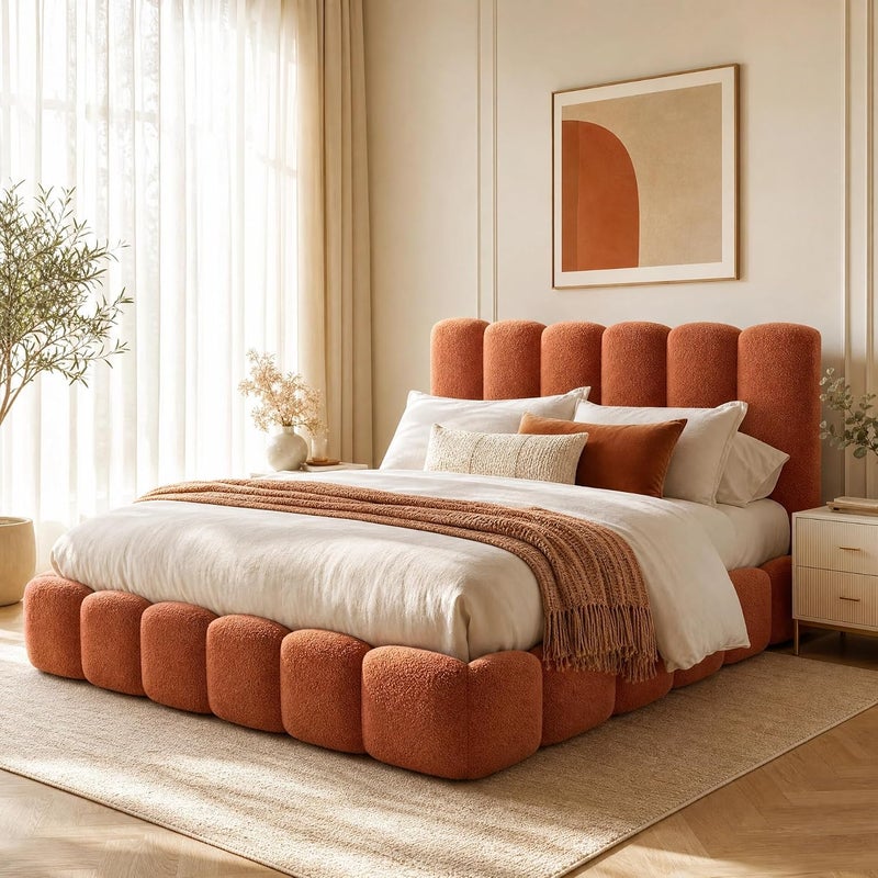 Cloud Upholstered Bed Frame, Teddy Fleece Modern Soft Boucle Platform Bed with Vertical Channel Headboard - Orange, King Size - Image 1