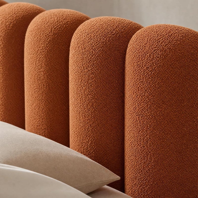 Cloud Upholstered Bed Frame, Teddy Fleece Modern Soft Boucle Platform Bed with Vertical Channel Headboard - Orange, King Size - Image 5
