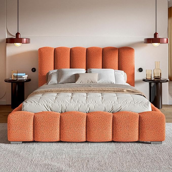 Cloud Upholstered Bed Frame, Teddy Fleece Modern Soft Boucle Platform Bed with Vertical Channel Headboard - Orange, King Size - Image 4