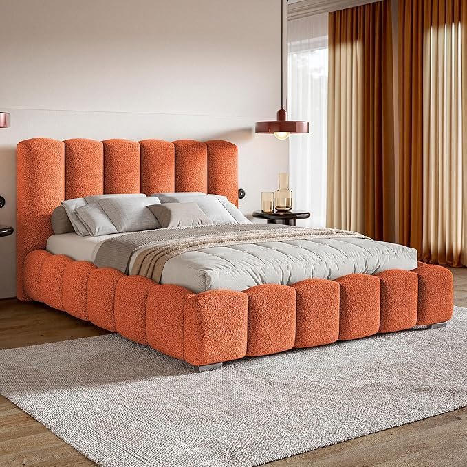 Cloud Upholstered Bed Frame, Teddy Fleece Modern Soft Boucle Platform Bed with Vertical Channel Headboard - Orange, King Size - Image 3