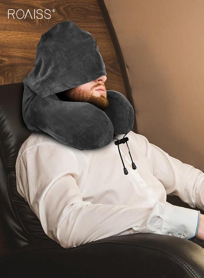 roaiss Travel Pillow Neck Pillow for Travel with Hood for Airplane Neck Pillow Adult Head Neck Support for Long Flights Plane Office Cars Sleeping Rest Includes Eye Mask, Earplugs, And a Black Drawstring Bag Grey - Image 4