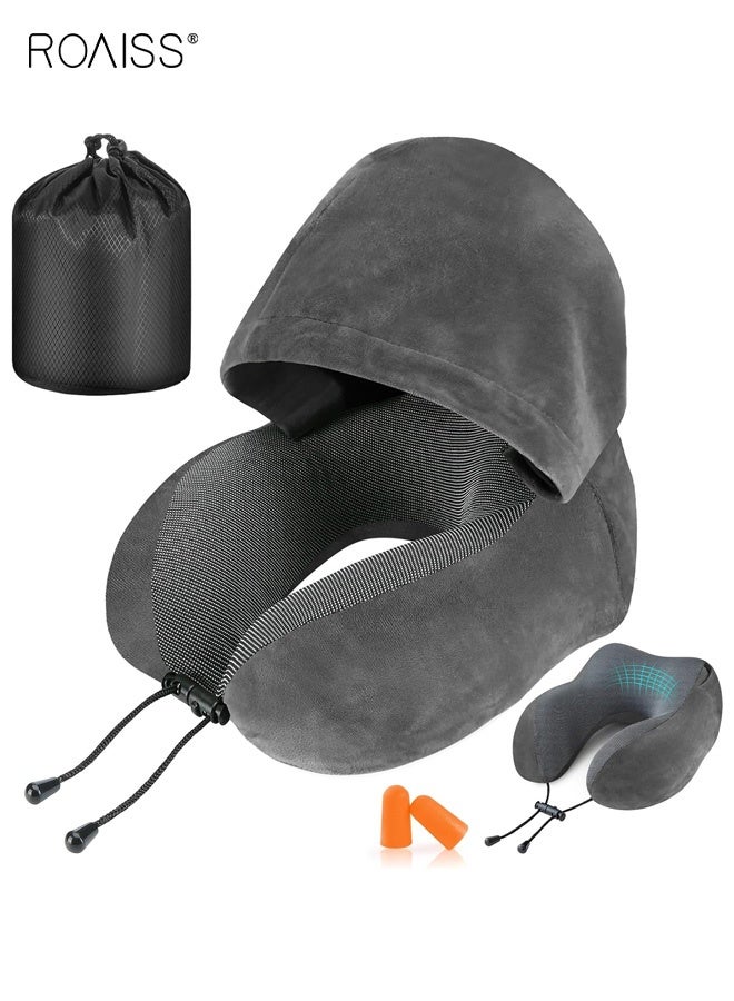 roaiss Travel Pillow Neck Pillow for Travel with Hood for Airplane Neck Pillow Adult Head Neck Support for Long Flights Plane Office Cars Sleeping Rest Includes Eye Mask, Earplugs, And a Black Drawstring Bag Grey - Image 1
