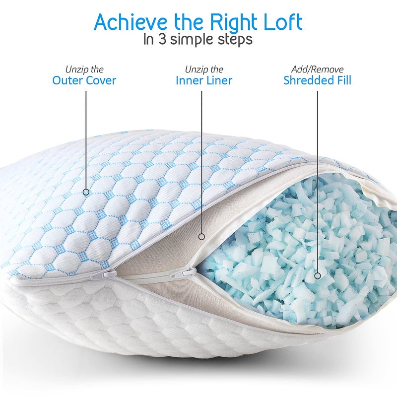 Nestl Cooling Pillow Queen Size - Cooling Shredded Memory Foam Pillows, Gel Infused Cool Pillows, Adjustable Cooling Pillows for Sleeping, Breathable Queen Pillows, Washable Removable Bed Pillow Cover - Image 2