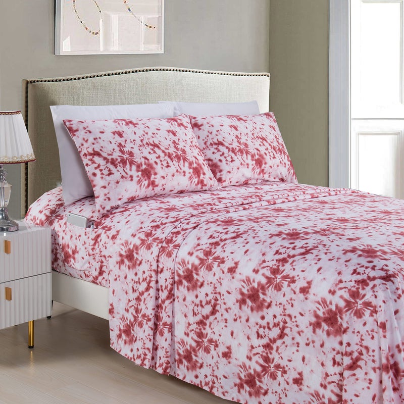 Elegant Comfort Elegant Comfort Aria Tie-Dye 4-Piece Sheet Set  1500 Premium Hotel Quality Microfiber  Spiral Tie-Dye  Soft  Fade and Wrinkle Resistant  Fitted Sheet with Smart Pockets  4PC Tie-Dye Twin XL  Burgundy  - Image 1