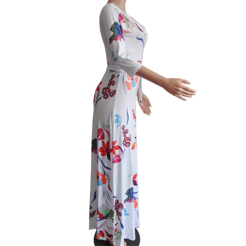 FANDEE Plus Size Maxi Dress for Women Casual Summer Sundress V-Neck 3/4 Sleeve(White,X-Large) - Image 2